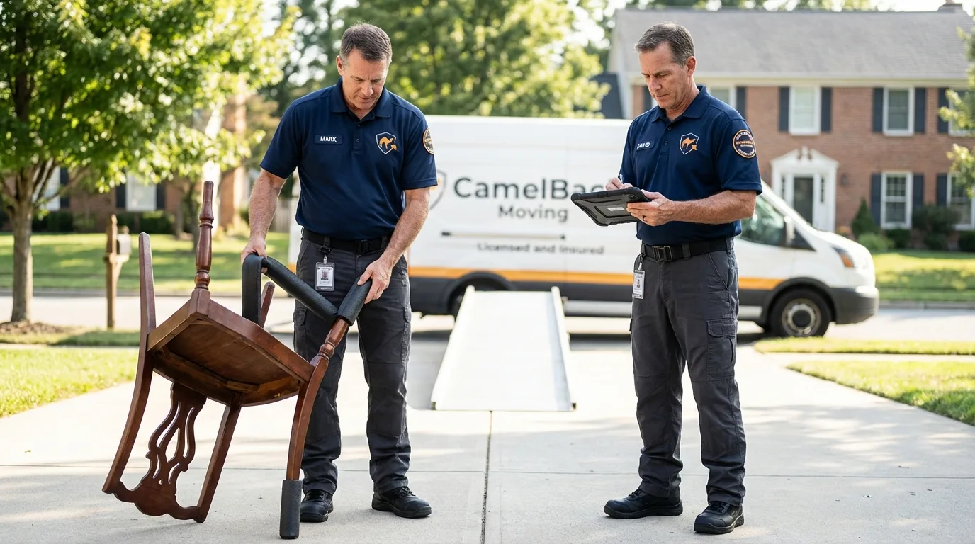 Movers inspecting furniture for damage prevention before loading in Eatonton, GA