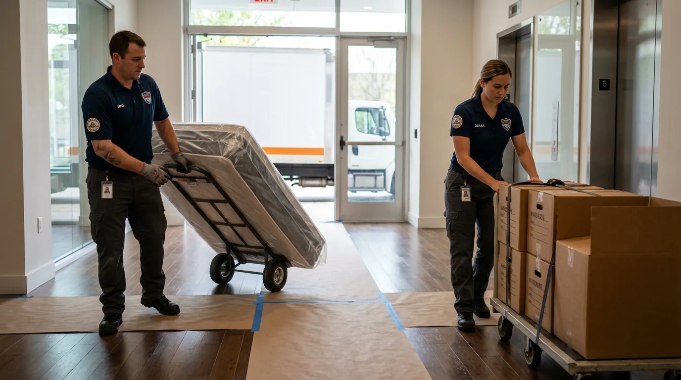 Professional apartment movers loading elevator in Eatonton, GA