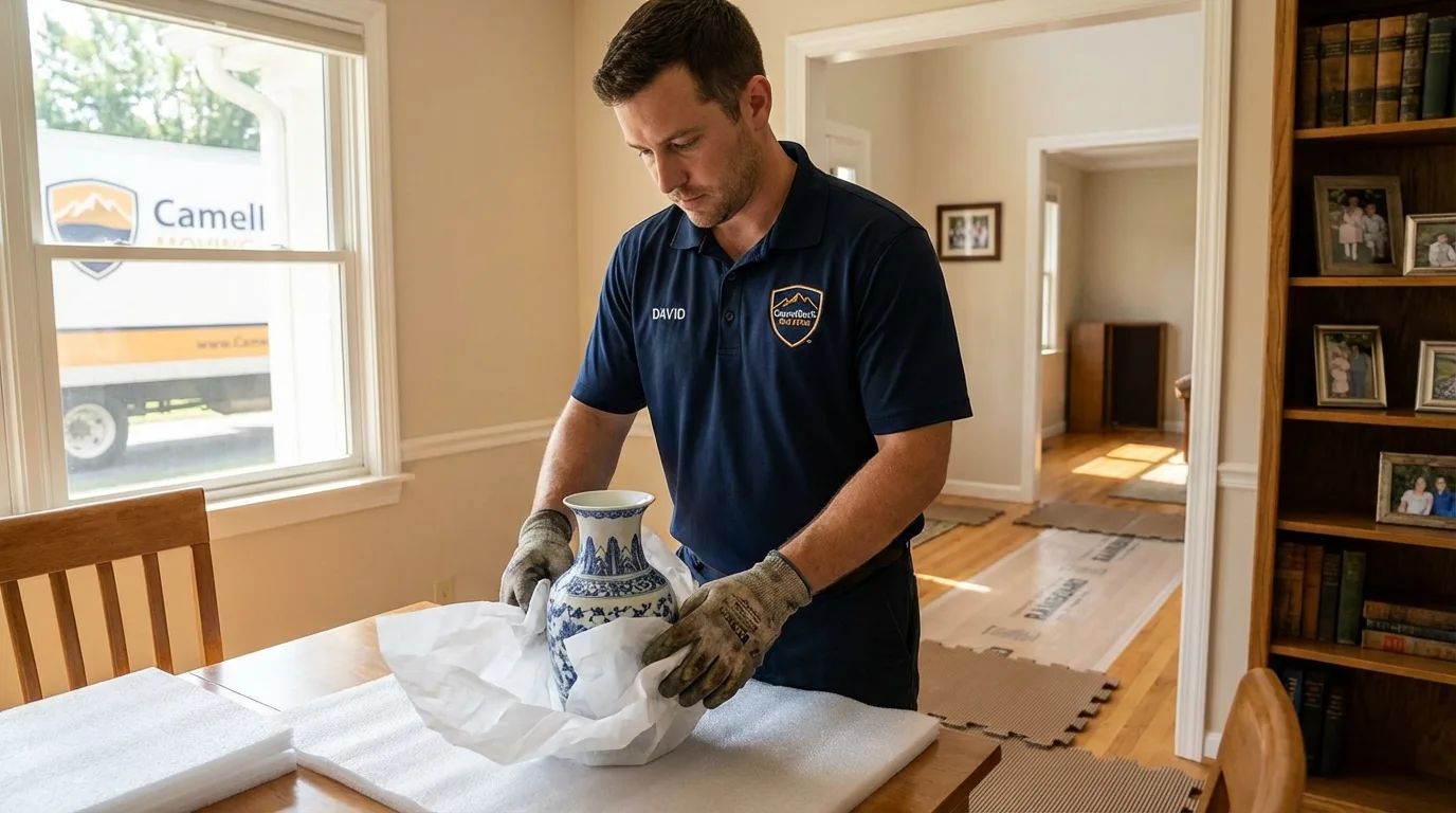 Professional crew carefully wrapping antique vase for senior downsizing move in Eatonton, GA